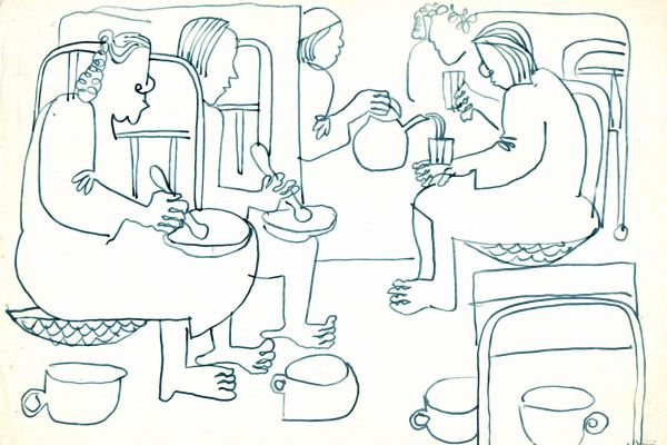 Валерия Семенова. ''Обед в палате'', 1970. Из серии ''В больнице''. Бумага, перо, 20х28 см. Фото из архива Ирины Семеновой