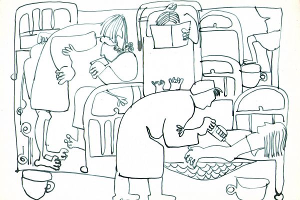 Валерия Семенова. ''Процедуры'', 1970. Из серии ''В больнице''. Бумага, перо, 20х28 см. Фото из архива Ирины Семеновой