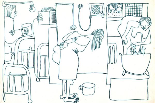 Валерия Семенова. ''В палате'', 1970. Из серии ''В больнице''. Бумага, перо, 20х28 см. Фото из архива Ирины Семеновой