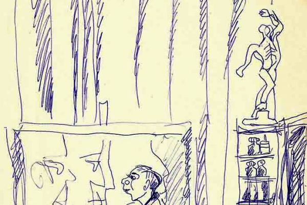 Валерия Семенова. ''В мастерской художника'', 1972. Из серии ''Художники''. Бумага, перо, 26х19 см. Фото из архива Ирины Семеновой