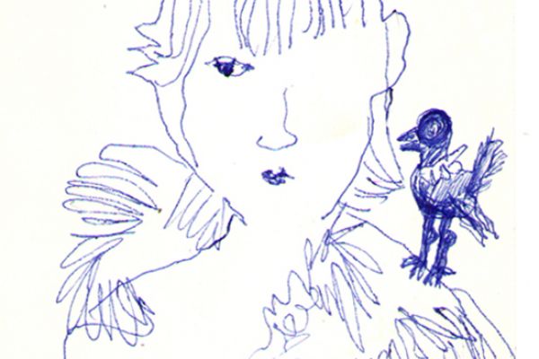 Валерия Семенова. ''Девушка с птицей'', 2000. Бумага, перо, 13х9 см. Фото из архива Ирины Семеновой
