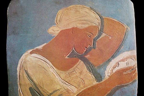 Абрам Малахин. Девушка с зеркалом, 1965. Рельеф. Терракота, ангобы, 41х35 см. Фото из альбома Т.Б. Мантурова. Абрам Малахин, М., Советский художник, 1979