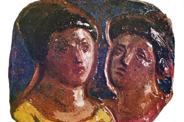 Абрам Малахин. Девушки, 1965. Рельеф. Шамот, ангобы, 50х44 см. Фото из альбома Т.Б. Мантурова. Абрам Малахин, М., Советский художник, 1979