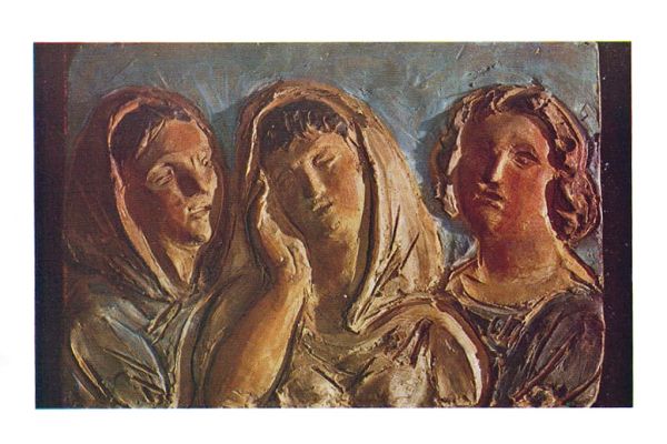 Абрам Малахин. Три женщины, 1967. Рельеф. Керамика, 21х30 см. Государственный Русский музей, С.-Петербург. Фото из альбома Т.Б. Мантурова. Абрам Малахин, М., Советский художник, 1979