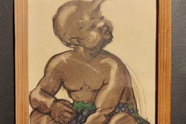 Сергей Кольцов. Амур с виноградом, 1916. Бумага, акварель, тушь. Из собрания семьи художников Кольцова-Бычковой. Фрагмент экспозиции выставки ''Между Парижем и Москвой[[ в Музее Москвы, 2025. Фото: bogachkova1957.livejournal.com