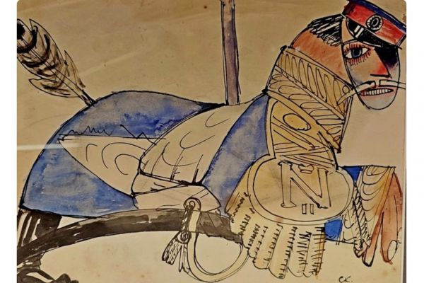 Император Николай II, 1917. Карикатура. Бумага, акварель, тушь. Собрание семьи художников Кольцова-Бычковой. Фрагмент экспозиции выставки Между Парижем и Москвой в Музее Москвы, 2025. Фото: bogachkova1957.livejournal.com