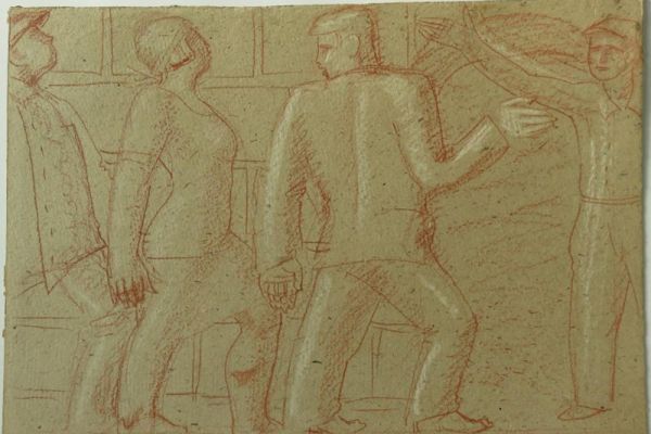 Сергей Кольцов. На завод, 1920-е - 1930-е. Из серии Соцкультбыт. Картон, сангина, мел, 31,6х45,5 см. Государственный исторический музей, Москва