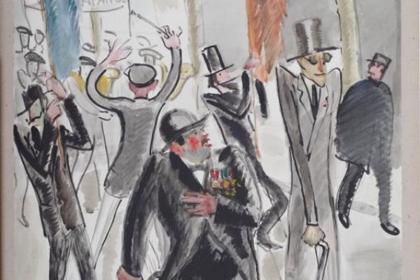 Сергей Кольцов. Парад участников Первой мировой войны в годовщину победы над Германией, 1928-1930. Бумага на картоне, гуашь, акварель, 63,3х 49,5 см. Пермская государственная художественная галерея