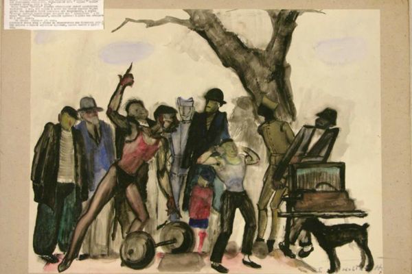 Сергей Кольцов. Уличные чемпионы, 1928-1930. Бумага на картоне, акварель, 48,3х64 см. Рыбинский государственный историко-архитектурный и художественный музей-заповедник, Ярославская область