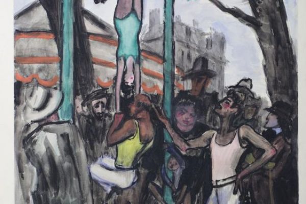 Сергей Кольцов. Бродячая ярмарка на площади Бастилии, 1929. Бумага на картоне, тушь, гуашь, акварель, 63,3х48,3 см. Пермская государственная художественная галерея