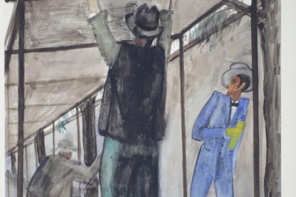 Сергей Кольцов. Уборка рыночных конструкций, 1929. Бумага на картоне, гуашь, акварель, 63,1х48,1 см. Пермская государственная художественная галерея