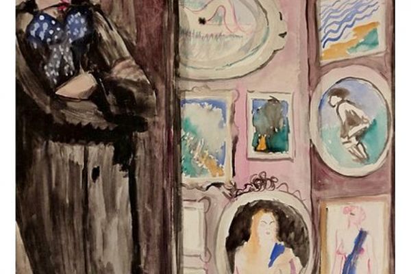 Сергей Кольцов. Выставка картин на улице, 1929. Бумага, акварель, гуашь. Из собрания Государственной Третьяковской галереи, Москва. Фрагмент экспозиции выставки Между Парижем и Москвой в Музее Москвы, 2025. Фото: bogachkova1957.livejournal.com  