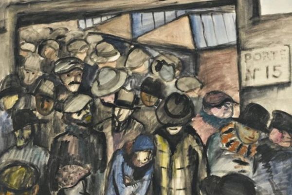 Сергей Кольцов. Перерыв на обед на заводе Рено. Париж, 1930. Бумага на картоне, акварель, 80,5х63,5 см. Частное собрание