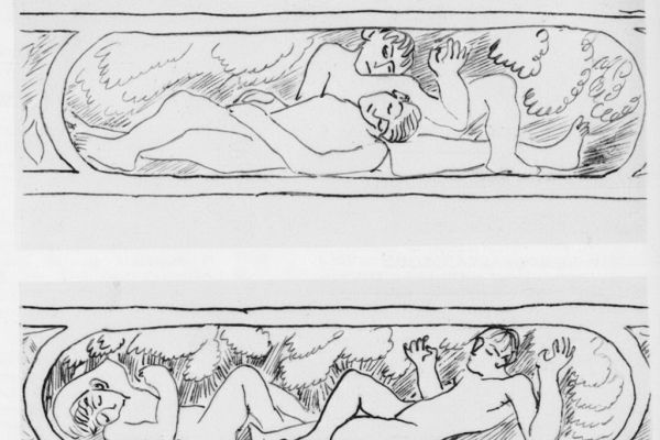 Александр Матвеев. Спящие мальчики, 1908. Эскиз. Рельеф парапета для виллы Я.Е. Жуковского в Кучук-Кое, Крым. Калька, тушь, перо. Государственный Русский музей, С.-Петербург. Фото Д.В. Белоуса из альбома: Е.Б. Мурина. Александр Матвеев. М., Советский художник, 1979