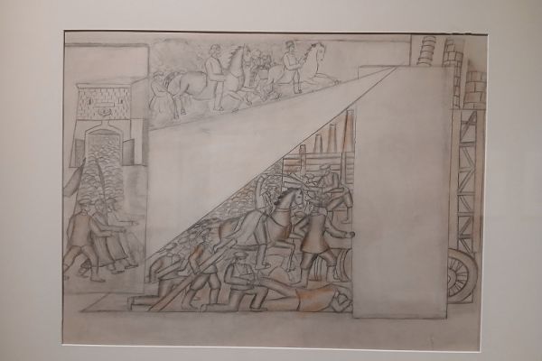 Беатриса Сандомирская. Эскиз панно, 1920-е. Бумага, карандаш графитный, карандаш цветной, сангина.  Государственный Русский музей, С.-Петербург. Экспозиция персональной выставки Беатрисы Сандомирской в ГМИИ имени А.С. Пушкина, Москва, 2026