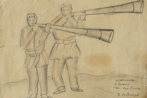 Беатриса Сандомирская. Музыканты в колхозе имени Ахун-Бабаева, 1930. Бумага, карандаш, цветной карандаш, 32,5х39 см. Пензенская областная картинная галерея имени К.А. Савицкого