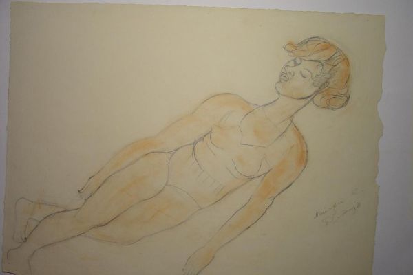 Беатриса Сандомирская. Лежащая, 1962. Бумага, графитный карандаш, сангина, 45х60,2 см. Государственный Русский музей, С.-Петербург