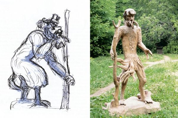 Алексей Цветков. Леший, 2000. Бумага, карандаш; дерево, 172х100х56 см