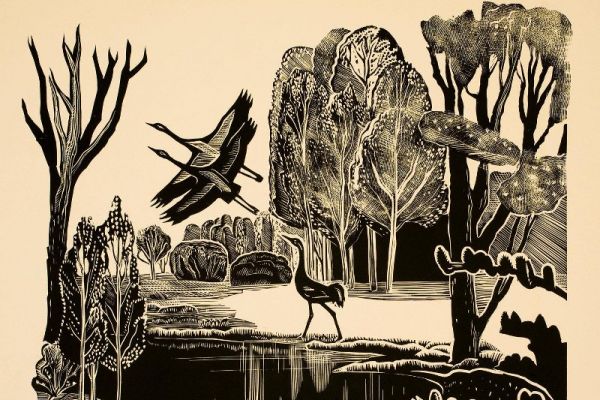 Александр Белашов. Журавли, 1968. Бумага, линогравюра, 44х51 см. Самарский областной художественный музей