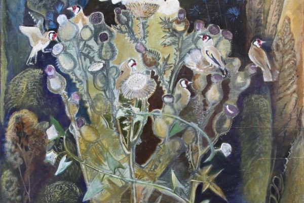 Александр Белашов. щеглы на татарнике, 1992. Масло. Государственный Дарвиновский музей, Москва