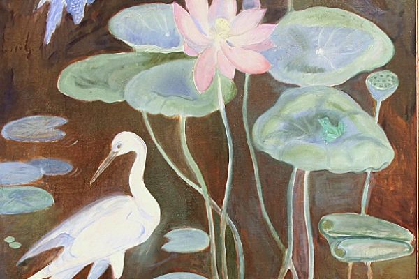 Александр Белашов. Белая цапля и лотосы, 2000. Холст, масло, 156х100 см. Государственный Дарвиновский музей, Москва