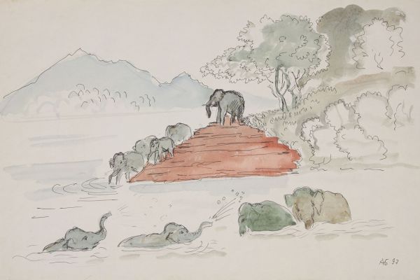 Александр Белашов. Дикие слоны, 1997. Заповедник Перияр, Индия. Бумага, акварель. Из архива А.А. Белашова